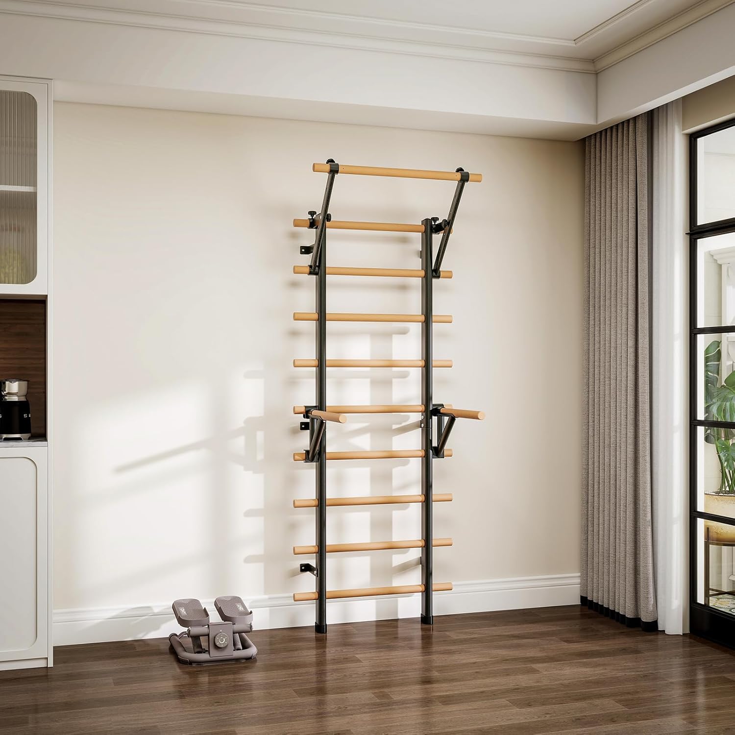 DHT Wood Stall Bar, Swedish Ladder Suspension Trainer with 9 Strategic Rods, for Home, Gym, School and Clinics, Black - Image 6