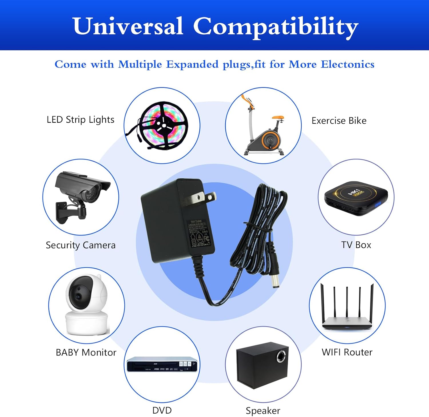 9V Power Supply,9V 1.5A 13.5W Universal 100-240V AC to DC 9Volts 1.5A 1A 0.8A 0.5A 450mA Power Adapter with 9 Plugs for LED Strip Light Camera Router Elliptical Trainer -Center Positive 5.5x2.1mm Plug - Image 5