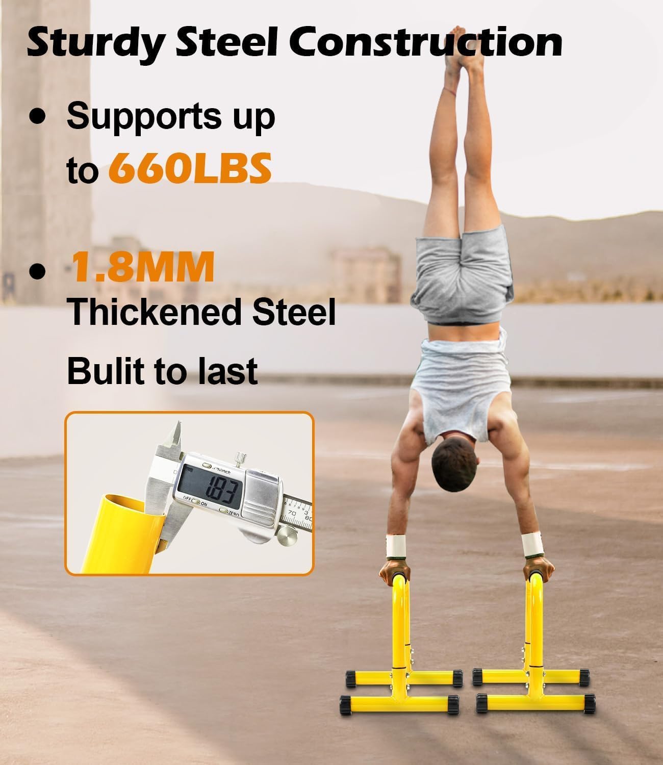 TABEKE Push Up Bar, 14'' High Steel Parallettes & Dip Bar with Full Coverage Foam Handle, Heavy-Duty Calisthenics Parallel Bars for L-Sit, Dips, Home Gym Strength Training Workout - Image 2