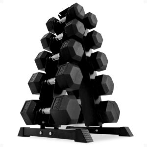 BalanceFrom Signature Alloy Steel 200 lb Rubber Encased Hex Dumbbell Strength Training 10, 15, 20, 25, and 30 lb Weight Set with Storage Rack, Black