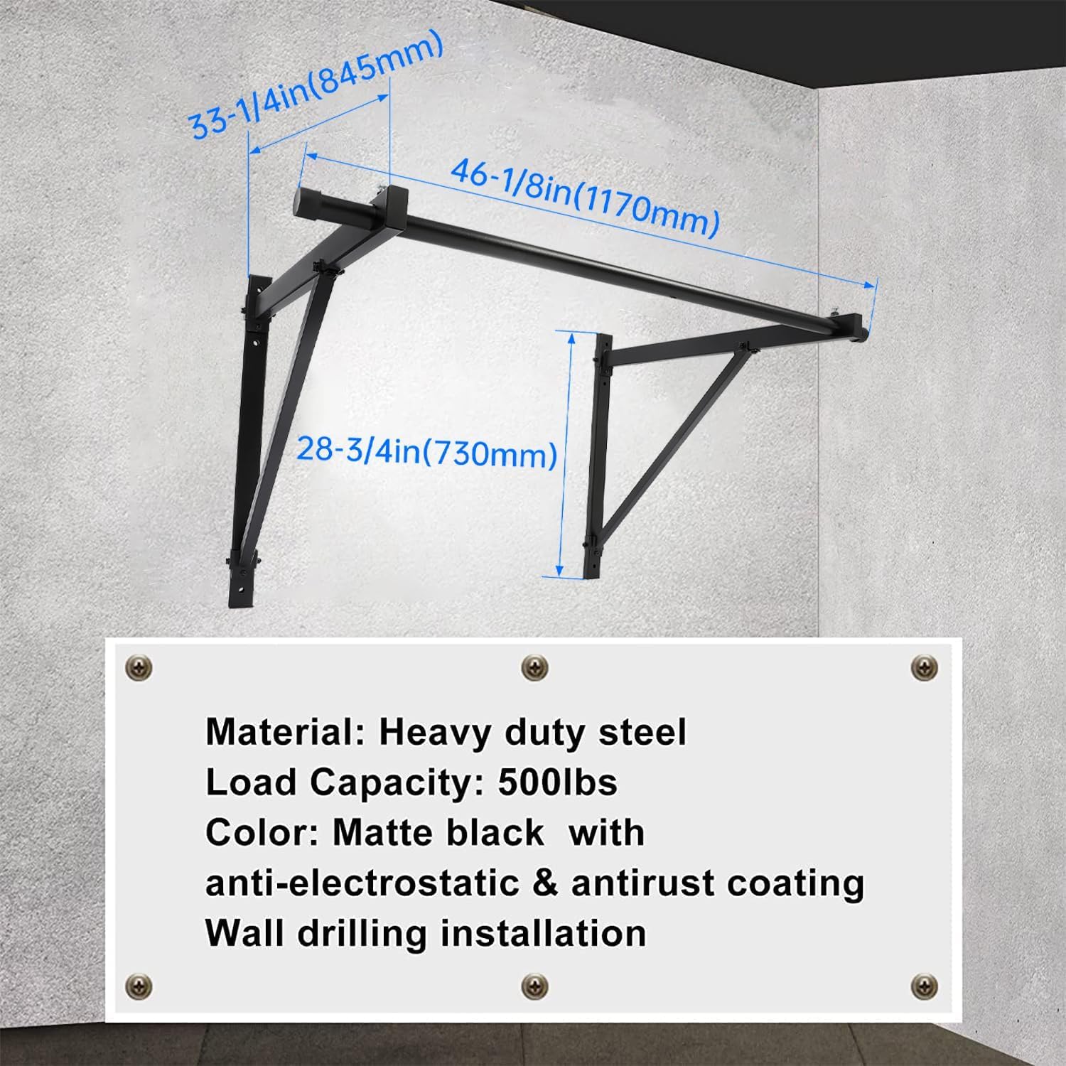 ECOTRIC 46" Wall Mounted Pull Up Chin Up Bar Heavy Duty Gym Workout Fitness Home Mount Fitness 500lbs - Image 3