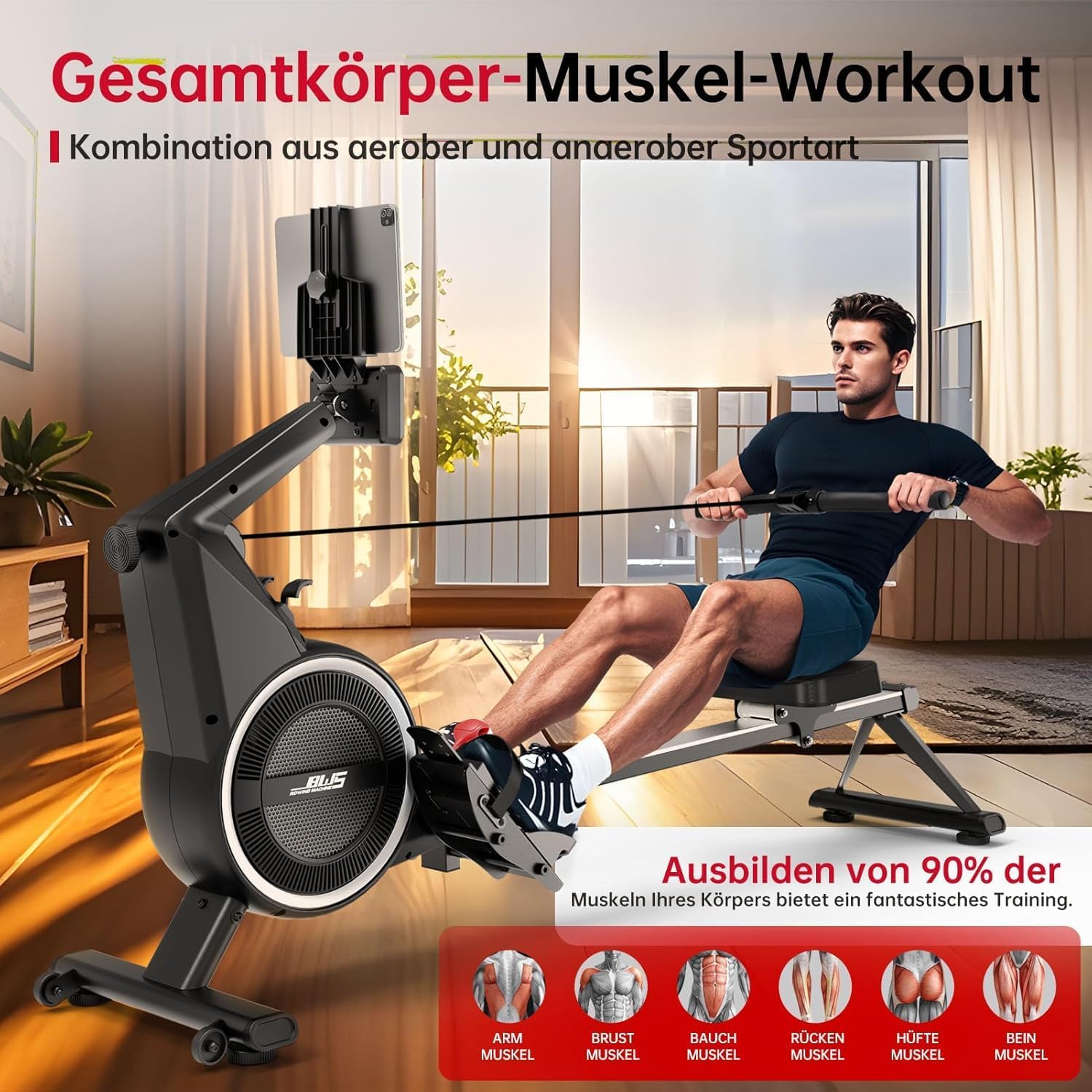 Air Magnetic Rowing Machines for Home BW5 Commercial Rower Machine Max Load 350LB 10-Level Resistance Easy Assembly Bluetooth LED Monitor Adjustable Tablet Stand Fit for Whole Family - Image 6