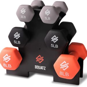 SQUATZ Dumbbell Weights Set with Stand, 32/20 Lbs Neoprene Coated Weights in Color Gray, Black, and Orange, Hex Shape Anti Slip and Roll Dumbbells for Exercise,Training, Fitness, Yoga for Men & Women