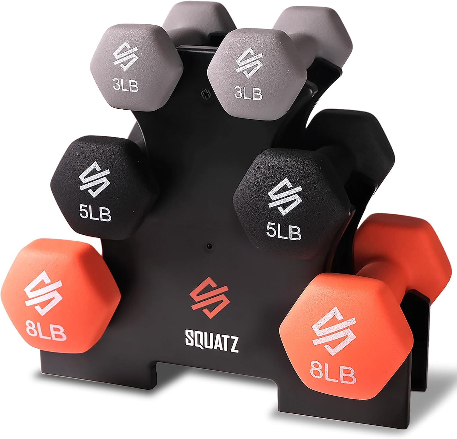 SQUATZ Dumbbell Weights Set with Stand, 32/20 Lbs Neoprene Coated Weights in Color Gray, Black, and Orange, Hex Shape Anti Slip and Roll Dumbbells for Exercise,Training, Fitness, Yoga for Men & Women