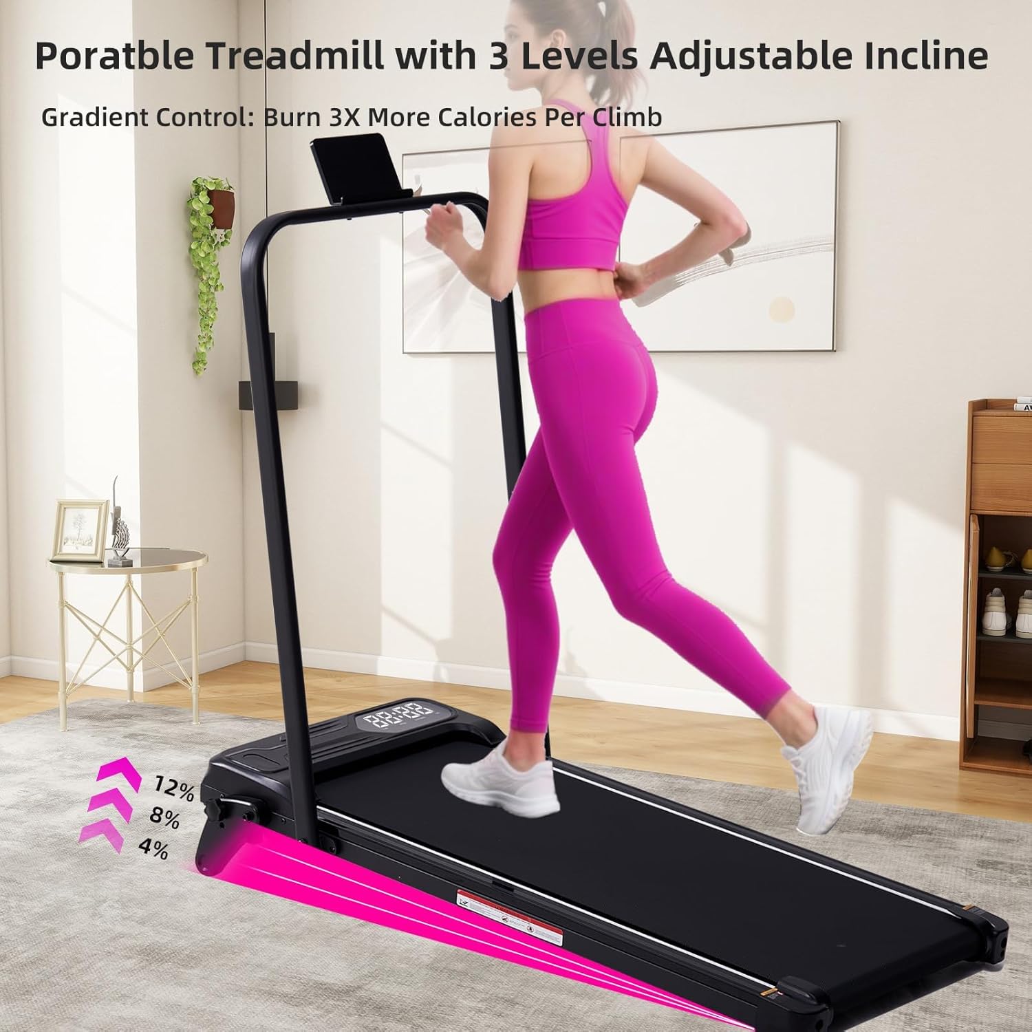 Electric Walking Pad Treadmill with Adjustable Incline and Handle Bar, 3.5HP Small PortableTreadmills for Home Office Small, 4 in 1 Folding Foldable Treadmill with Handles, 0.6-7.6MPH, 350LBS - Image 4
