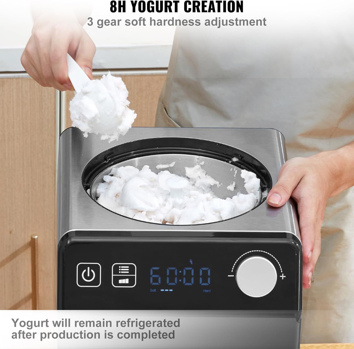VEVOR Upright Automatic Ice Cream Maker with Built-in Compressor, 2 Quart No Pre-freezing Fruit Yogurt Machine, Stainless Steel Electric Sorbet Maker, 4 Modes Gelato Maker with Digital Display & Timer - Image 5