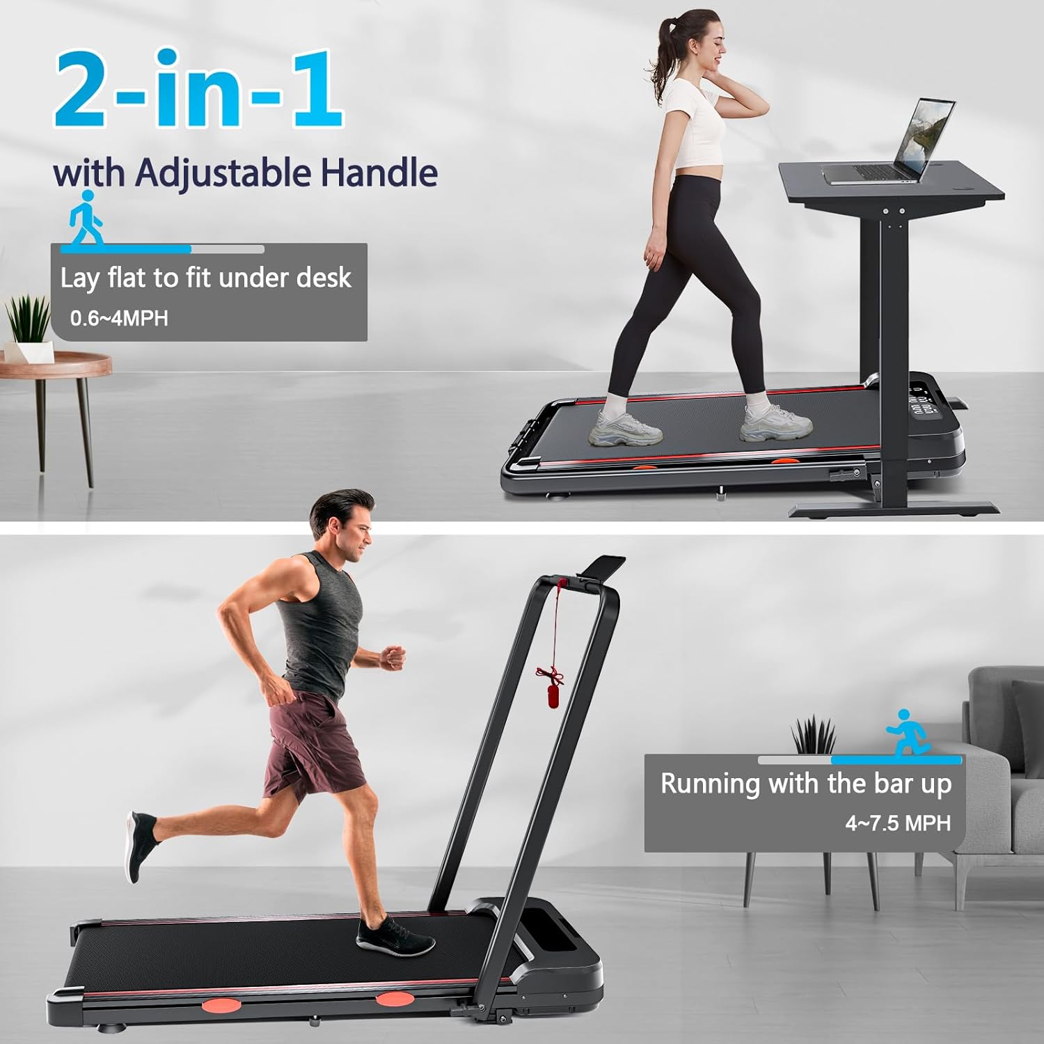 Incline Treadmill for Home, 300+ lb Capacity, Quiet Foldable Treadmills with Handle Bar, Compact Running Machine Walking Pad with APP - Image 3