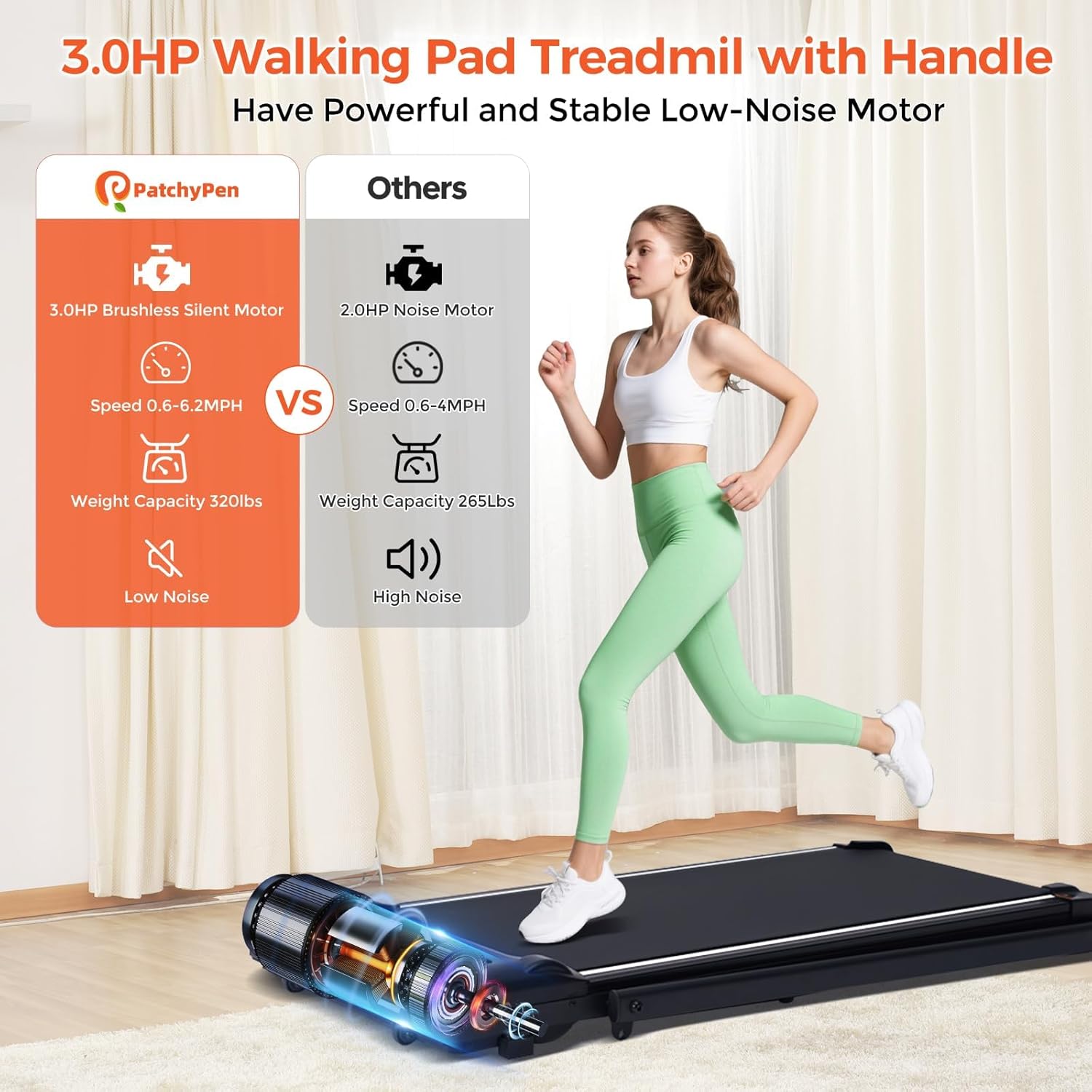 Folding Walking Pad Treadmill with Handle Bar, 3.5HP Compact Portable Foldable Walking Pads Treadmill with Handles, Electric Small Treadmills for Home Office Apartment, LED Display, 400 LBS Capacity - Image 4