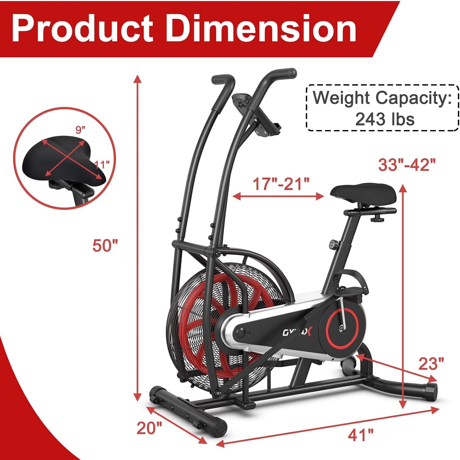 GYMAX Fan Bike, Air Resistance Upright Bike with LCD Monitor, Phone Holder & Built-in Wheels, Fully Adjustable Stationary Exercise Bike for Home Gym Cardio Training Workout Fitness - Image 7
