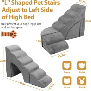 Dog Stairs for High Beds up to 32″ H, A.FATI 6 Step Pet Ramp with Machine Washable Cover, Non-Slip Dog Steps for Bed for Small/Medium/Old Dogs, 30D Foam Pet Stairs