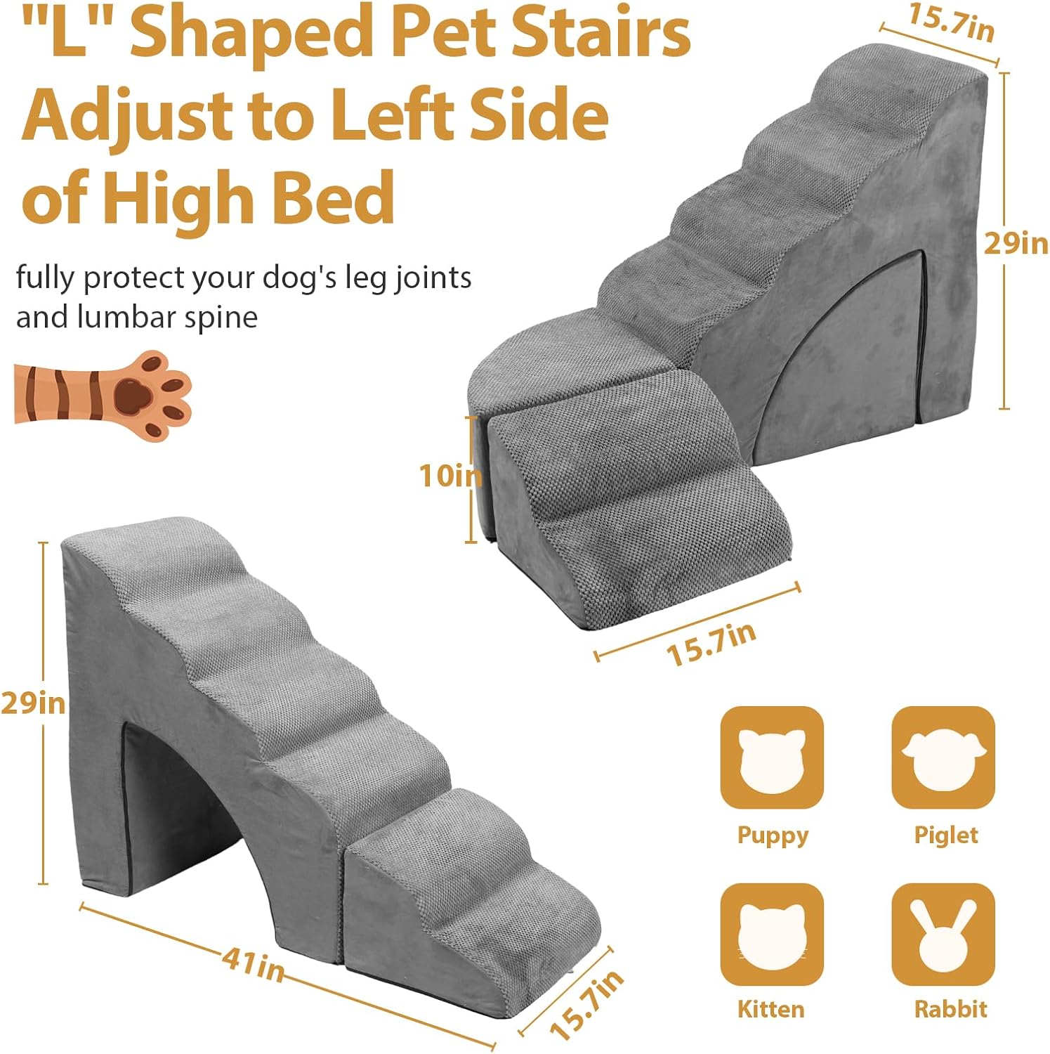 Dog Stairs for High Beds up to 32" H, A.FATI 6 Step Pet Ramp with Machine Washable Cover, Non-Slip Dog Steps for Bed for Small/Medium/Old Dogs, 30D Foam Pet Stairs - Image 2