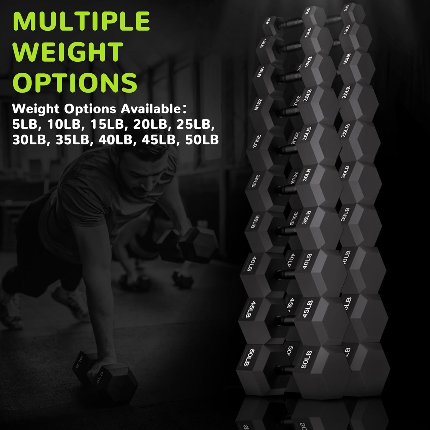 Rubber Encased Exercise & Fitness Hex Dumbbell, Hand Weights with Anti-Slip Metal Handle for Home Gym, Multiple Sizes - Image 7