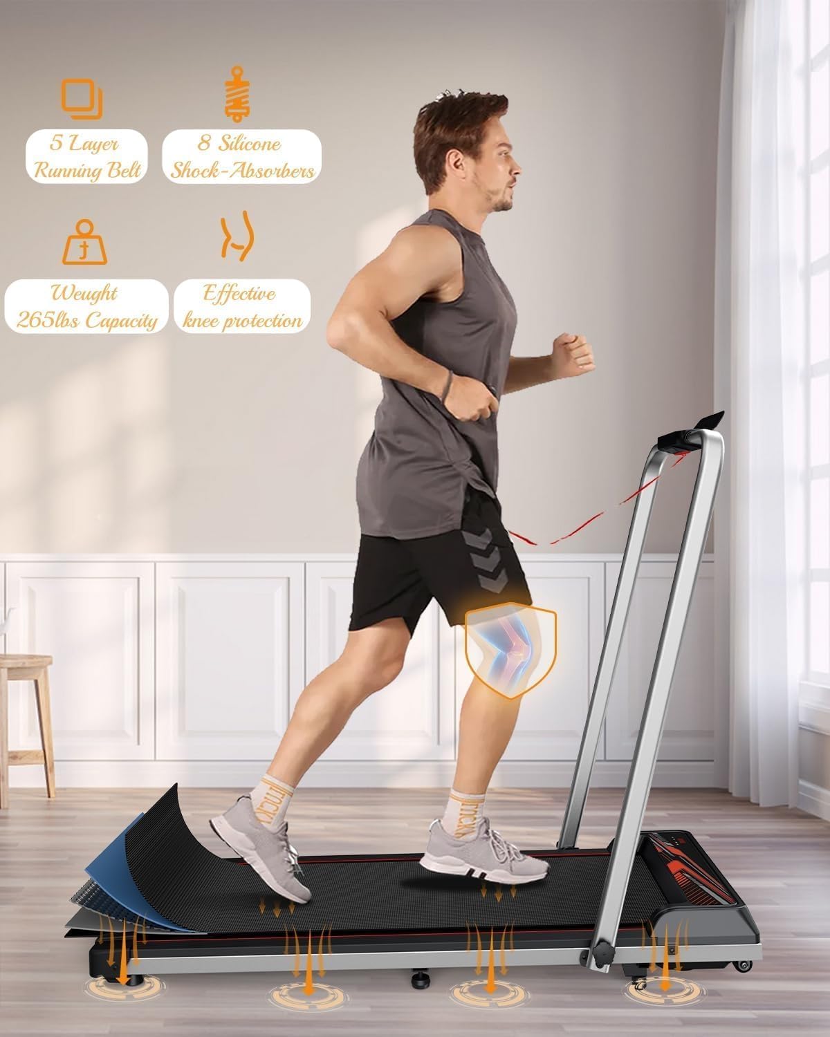 Treadmill with Handles, 2.5HP Walking Pad Treadmills with Handle Bar, Under Desk Treadmill with Remote Control LED Display, Electric Treadmills for Home Small, 270LBS Capacity - Image 2