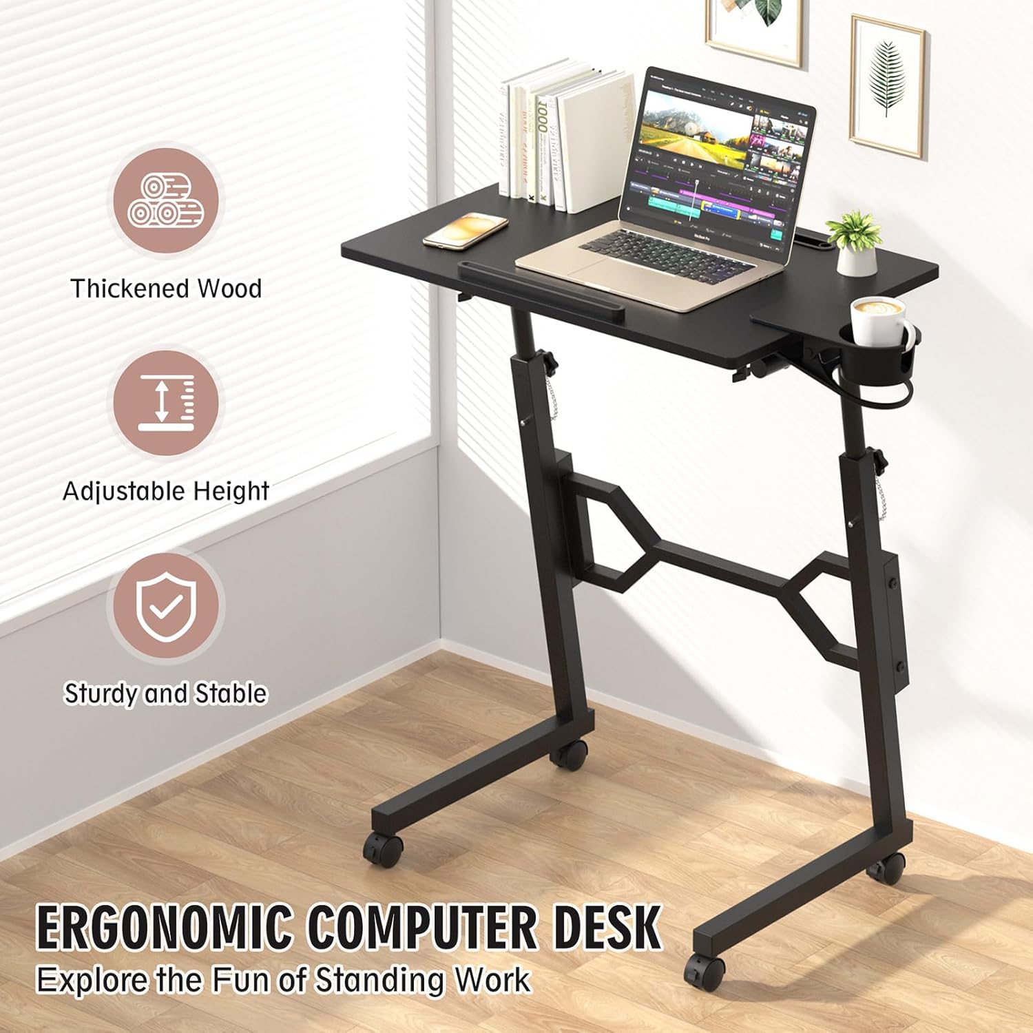 Small Standing Desk with Wheels, Portable Treadmill Desk, Rolling Desk Adjustable Height for Laptop, Mobile Standing Table for Walking Pad, Bedside Table - Image 9