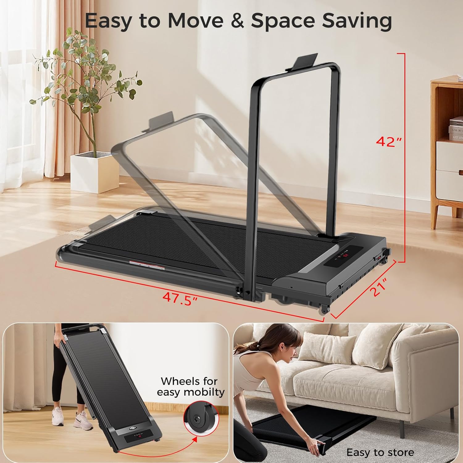 Walking Pad with Handle Bar, 3 in 1 Under Desk Treadmills with Remote Control, Electric Compact Treadmill,2.5HP Treadmills for Home Small Space, Portable Treadmill with Handle, 300 LBS Capacity - Image 6