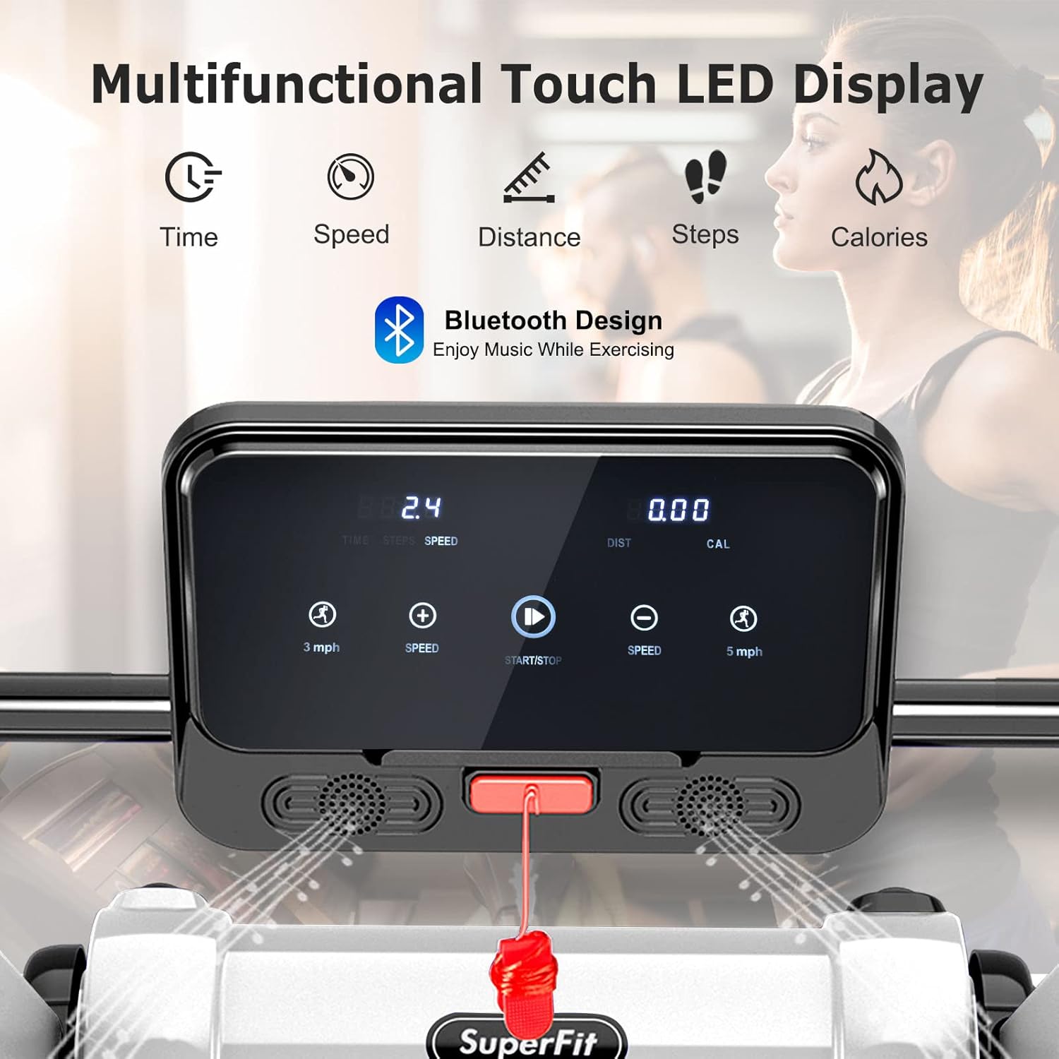 Goplus 2.25HP Folding Treadmill, Electric Superfit Treadmill W/LED Display, APP Control, Blue Tooth Speaker and Device Holder, Compact Jogging Walking Running Machine for Home & Office - Image 6