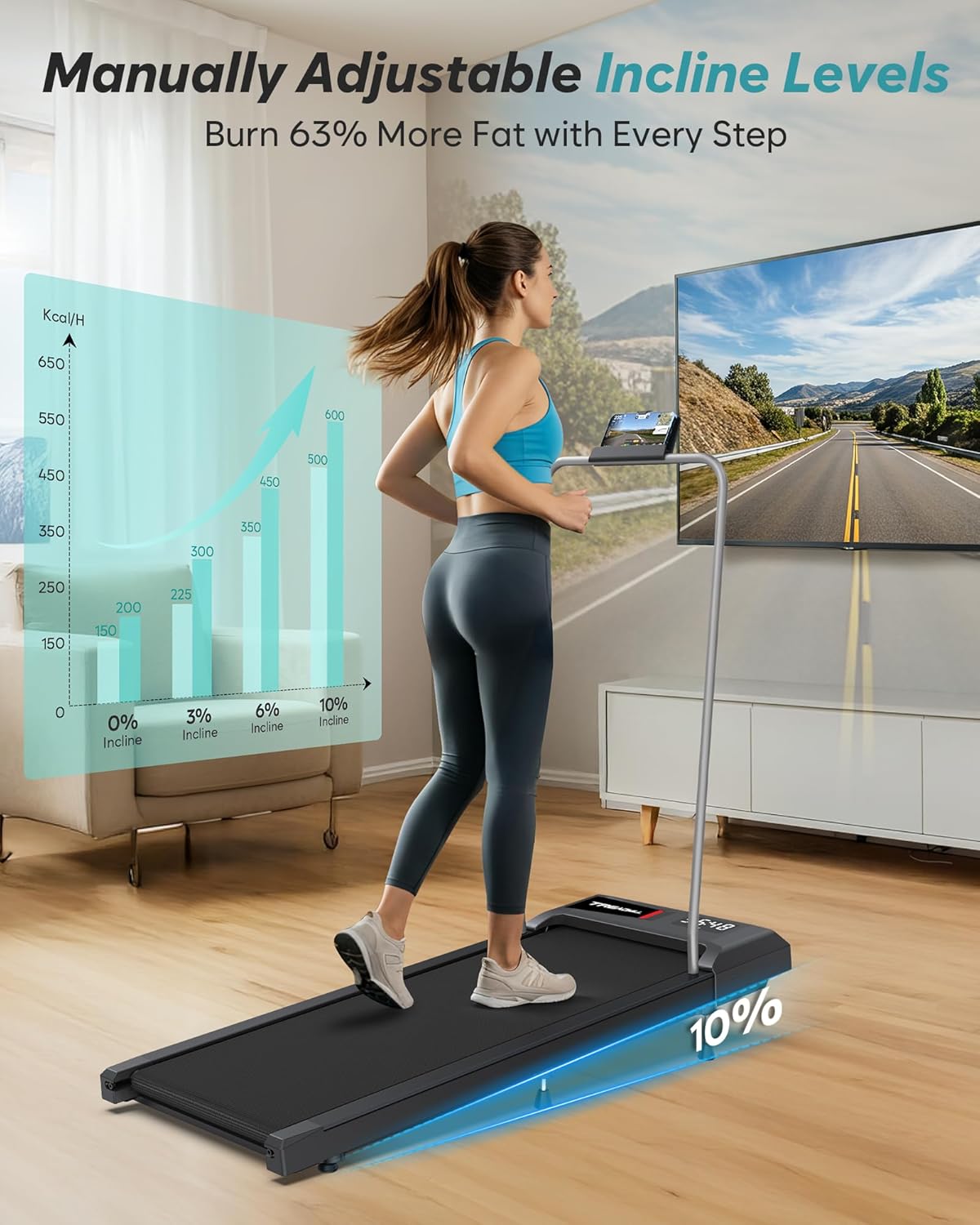 WELLFIT Auto Incline Folding Treadmill - 10% Incline Desk Walking Pad Treadmill with Handlebar, 400 lbs Heavy-Duty Capacity, Space-Saving Quiet Under-Desk Design for Home Office, Seniors & Fitness - Image 3