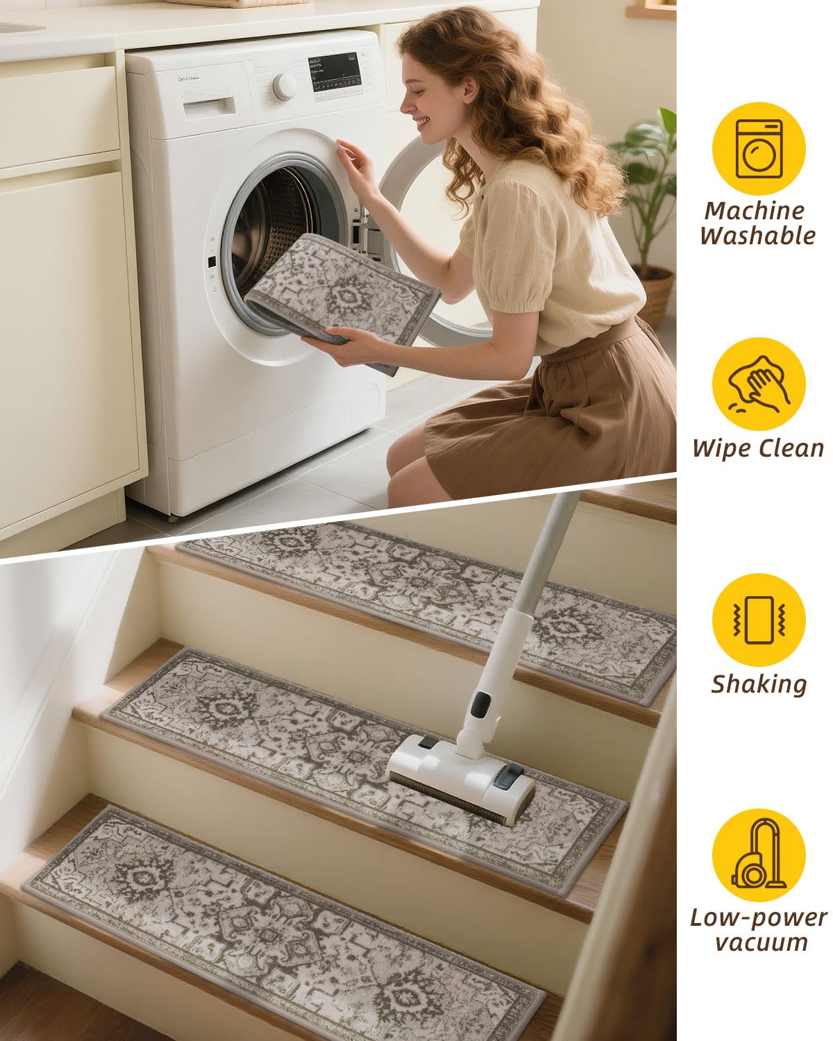 JSEI Stair Treads for Wooden Steps, 15 Pack 8" X 30" Non-Slip Machine Washable Carpet Stair Treads with TPE Backing, Soft Indoor Stair Rug Runner for Kids Elders & Pets, 100% Polyester, Beige/Brown - Image 7