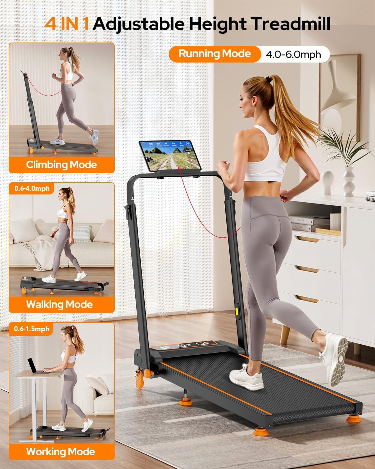 Walking Pad Treadmill with Incline & Adjustable Height, 4 in 1 Folding Under Desk Treadmill, 2025 Upgraded 3.5HP Walking Pad with Handle Bar, Electric Portable Treadmills for Home 350LBS, LED Display - Image 7