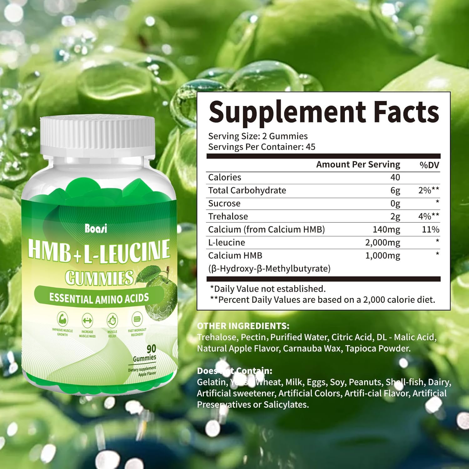 HMB and Leucine Supplements for Men&Women,3000mg,Essential Amino Acids Supplements for Muscle Growth,Muscle Defense and Workout Recovery,Sugar-Free,Apple Flavor,90 Count - Image 2