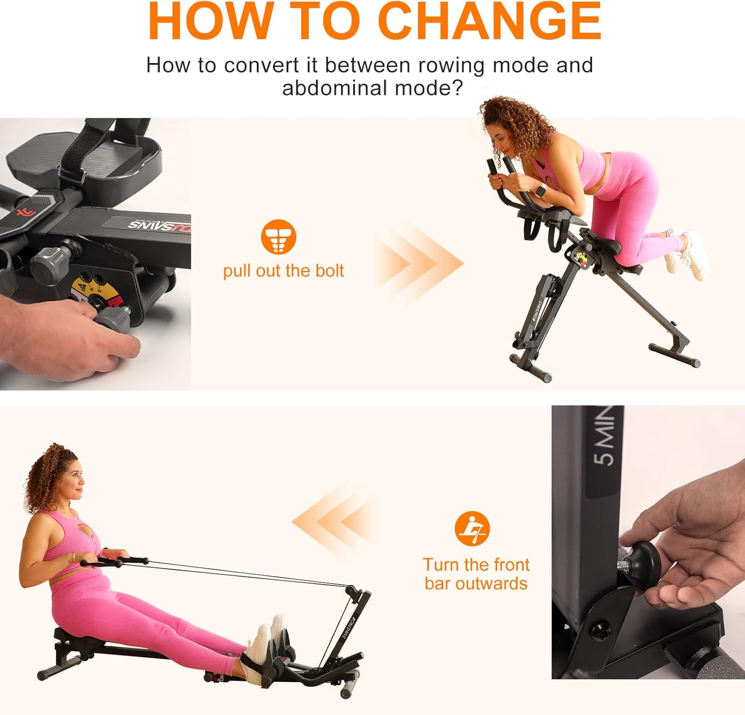 TOUSAINS 3 in 1 Rowing Machine, Ab Machine with Resistance Bands, Abdominal Trainers for Full Body Workout, Fitness Foldable Equipment Rowing Machine for Home Gym - Image 6