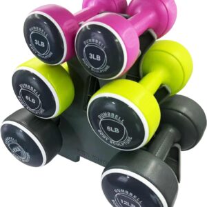 hand weights set Free‑Weight Dumbbell Set with Rack Set includes 3, 6 and 12 lb weights ideal for men and women for small and large muscle groups