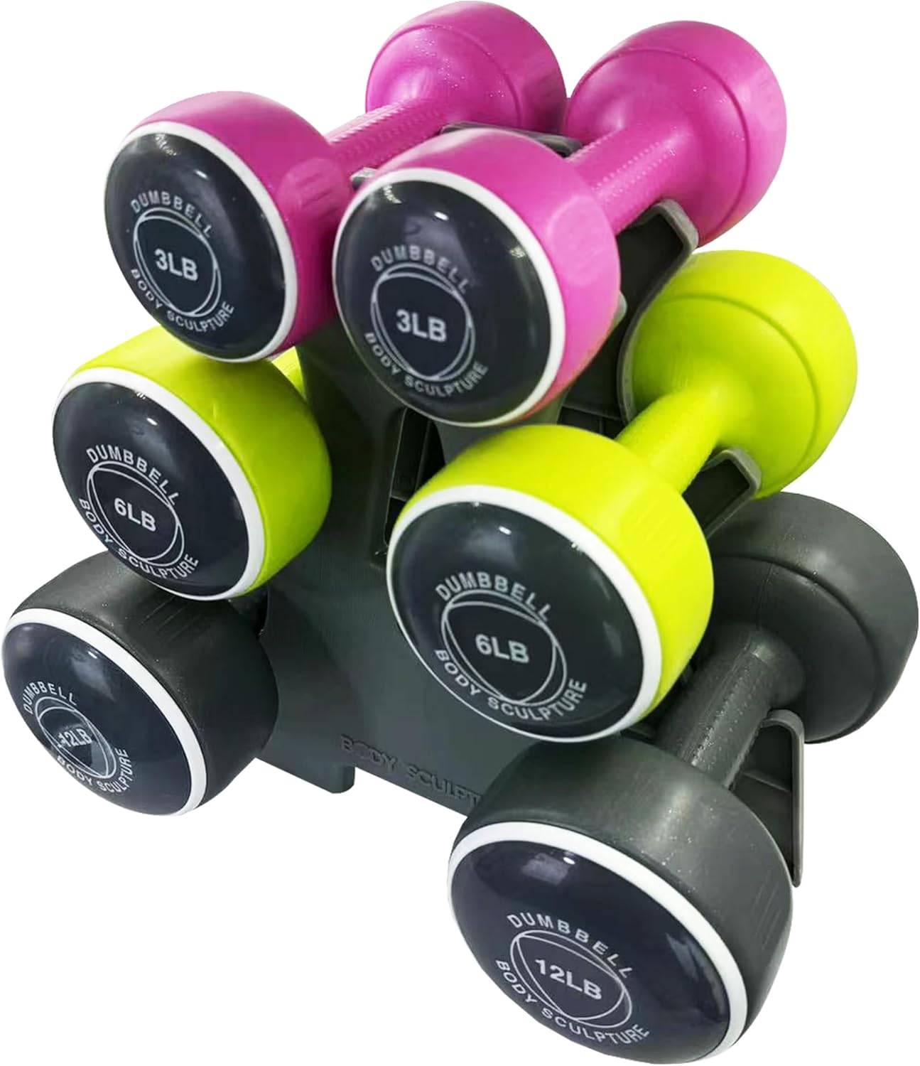 hand weights set Free‑Weight Dumbbell Set with Rack Set includes 3, 6 and 12 lb weights ideal for men and women for small and large muscle groups