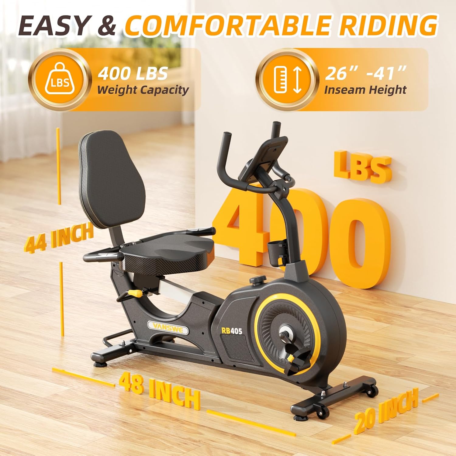 VANSWE Recumbent Exercise Bike, Recumbent Stationary Bikes for Home 400 LBS Weight Capacity, Exercise Bike for Home Seniors with Smart App and Bluetooth Connectivity, LED Display, Pulse Handle - Image 5