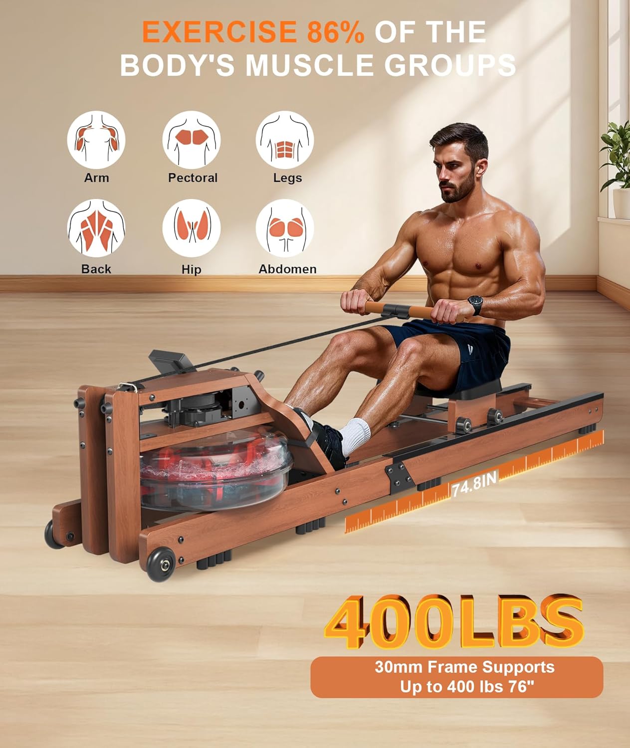 Rowing Machines for Home,Water Rowing Machine with Foldable Design,400LBS Capacity,LCD Monitor,Smooth Glide Rails,Comfortable Seat,Free App(Bluetooth) Supported for Immersive Water Rower&Home Gym - Image 2