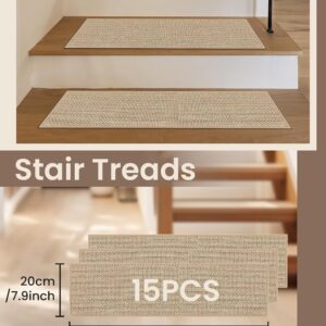 Stair Treads for Wooden Steps Indoor, Peel and Stick Stair Treads,Stair Runners, Non-Slip Carpet Stair Treads for Kids, Elders & Pets, Machine Washable, Reusable(15PCS,Beige)