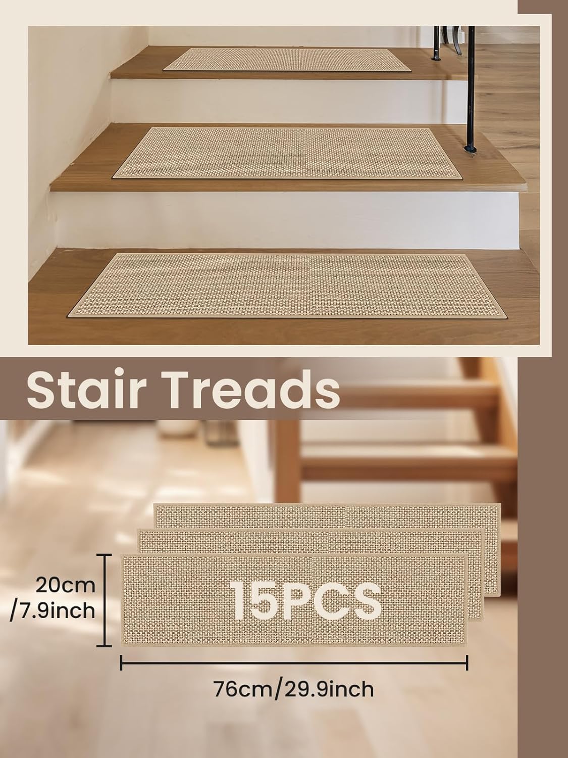 Stair Treads for Wooden Steps Indoor, Peel and Stick Stair Treads,Stair Runners, Non-Slip Carpet Stair Treads for Kids, Elders & Pets, Machine Washable, Reusable(15PCS,Beige) - Image 2