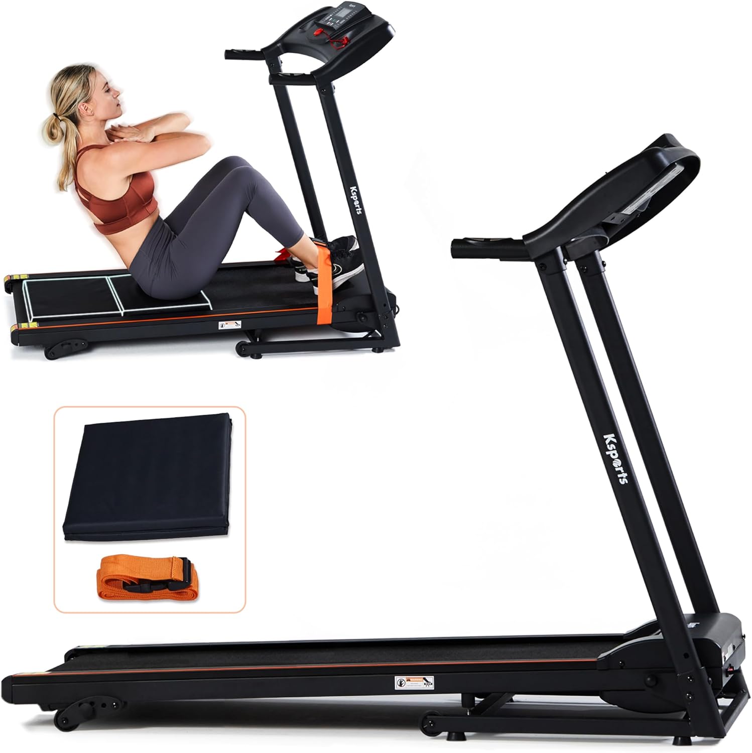 Ksports Foldable 16.5 Inch Cardio Fitness Portable Treadmill with Bluetooth Connectivity, LCD Display, and Tracking Apps for Home Gym Equipment, Black