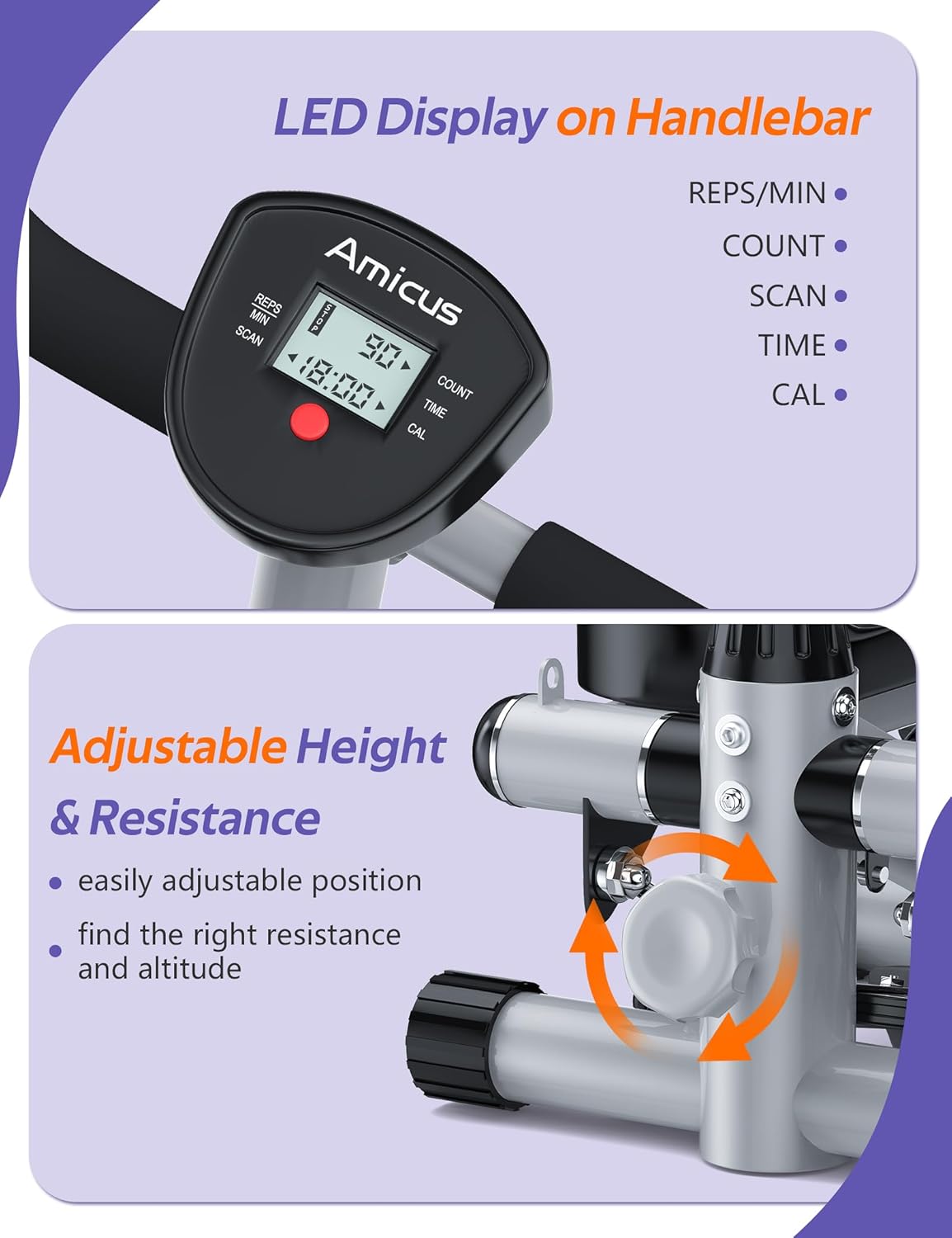 Amicus Mini Stepper with Handlebar for Exercise, Stair Stepper with Resistance Band, Hydraulic Fitness Stepper Machine for Home, 330lbs Weight Capacity - Image 5