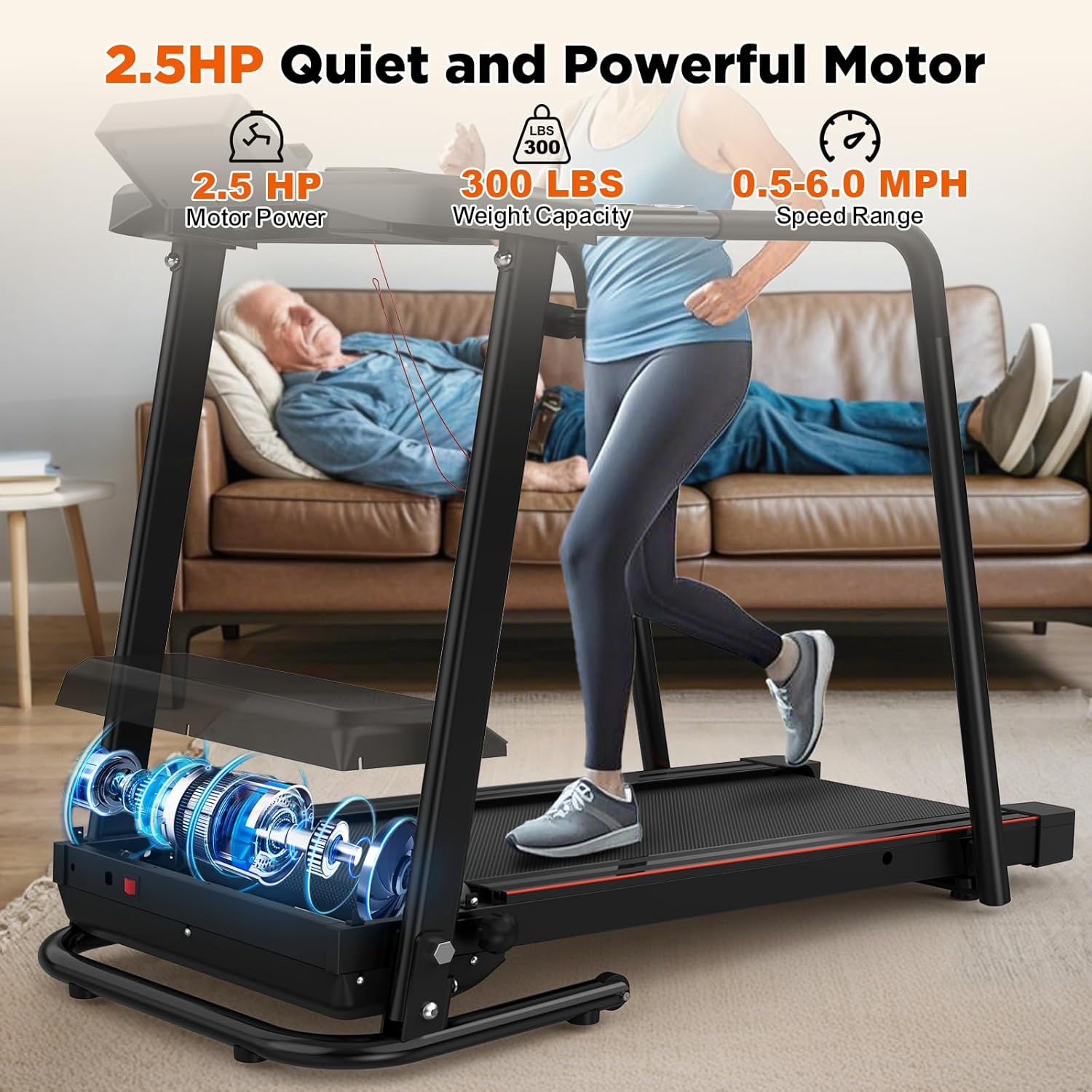 Treadmills for Seniors with Long Handrails, Foldable Treadmill for Home Use - Bluetooth App Connect & Heart Rate Monitor, Safe for Elderly & Family - Image 4
