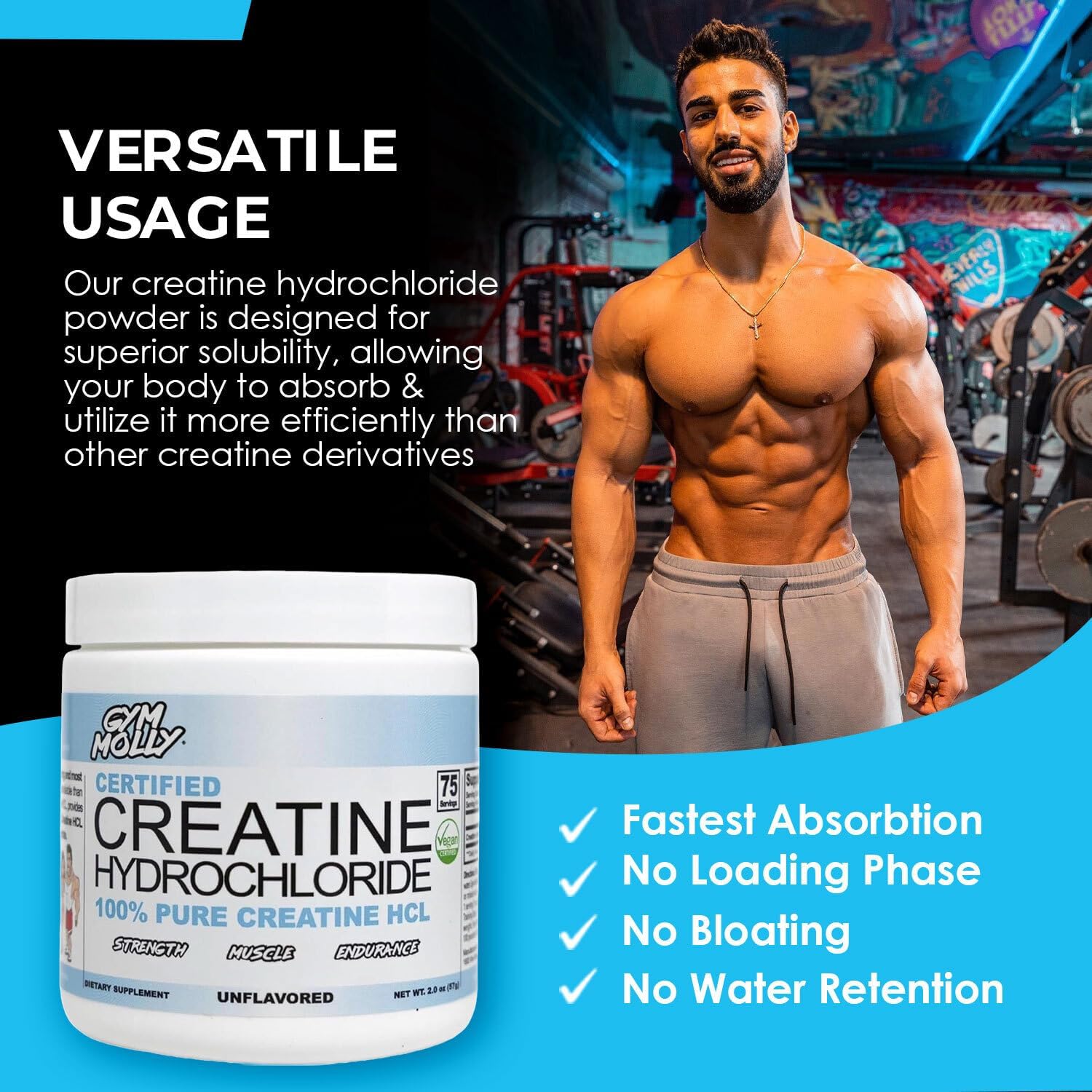 Gym Molly Creatine Hydrochloride Powder, Highly Soluble Creatine Hydrochloride, Unflavoured, Vegan, Workout Supplement for Men and Women, Muscle Builder Creatine Supplement (75 Servings, 750mg) - Image 4