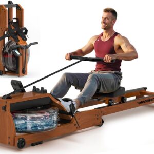Water Rowing Machine for Home, WENOKER Foldable Wooden Rower with Bluetooth APP & LCD Monitor, Large Water Tank, Comfortable Seat, 350LBS Capacity, Compact Space-Saving Design