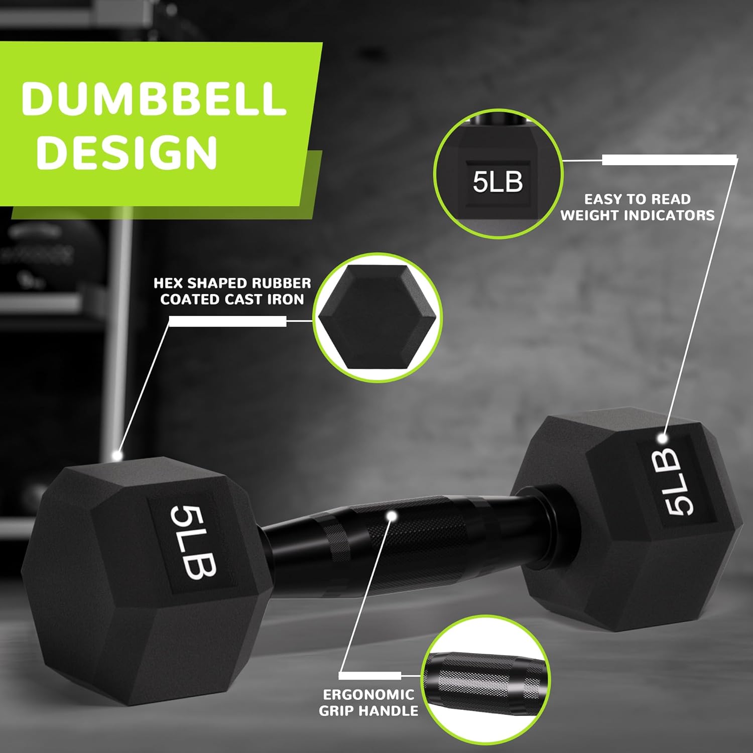 Rubber Encased Exercise & Fitness Hex Dumbbell, Hand Weights with Anti-Slip Metal Handle for Home Gym, Multiple Sizes - Image 3