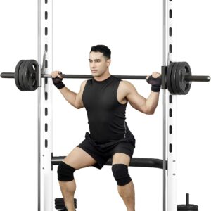 Soozier Squat Rack with Pull-Up Bar, Adjustable Power Rack with Barbell Bar, Multi-Functional Bench Press Rack for Home Gym Strength Training