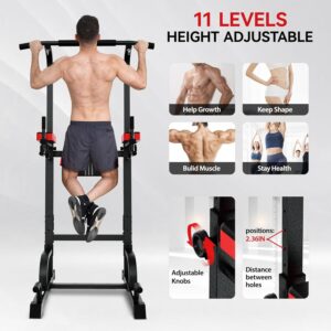 Power Tower Dip Station Pull Up Bar for Fitness Home Gym Workout,Multi-Function Adjustable Height Fitness Strength Training Exercise Equipment,with Power Elastic Ropes (Red Black)