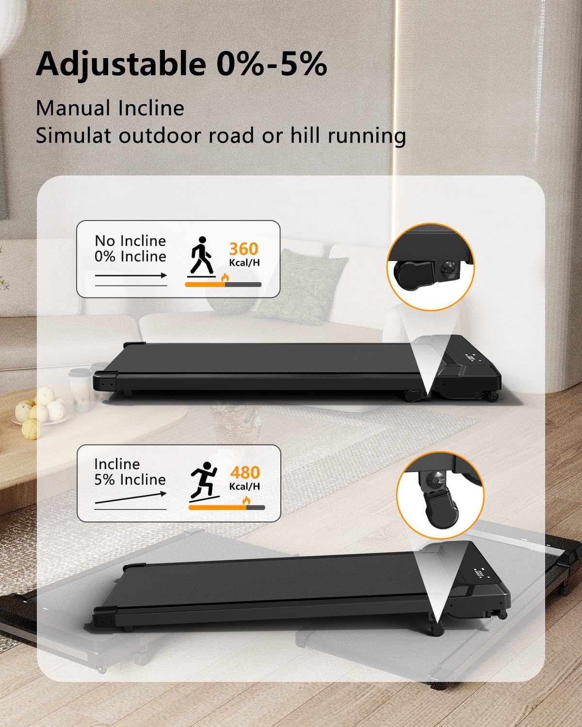 Walking Pad Treadmill with Incline,Under Desk Treadmill with Incline 2 in 1 for Walking and Jogging,2.5HP Compact Incline Walking Pad for Home Office with Remote Control - Image 6
