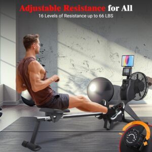 Air Resistance Rower Machine with Max Resistance of 66 LBS, Durable Metal Frame Row Machine, 16 Levels of Adjustable Resistance, Rowing Machines for Home with an Ergonomicall Designed Seat