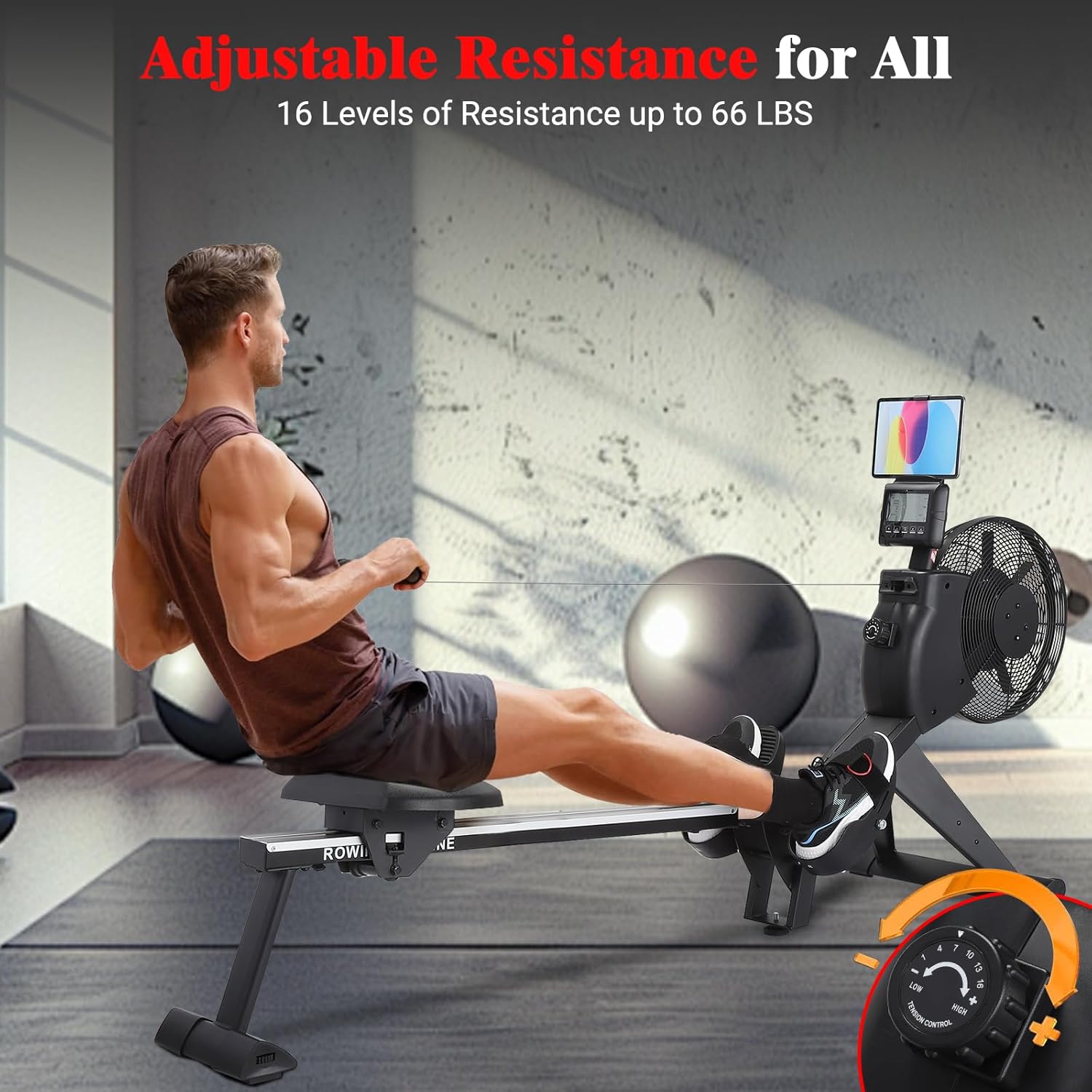 Air Resistance Rower Machine with Max Resistance of 66 LBS, Durable Metal Frame Row Machine, 16 Levels of Adjustable Resistance, Rowing Machines for Home with an Ergonomicall Designed Seat - Image 2