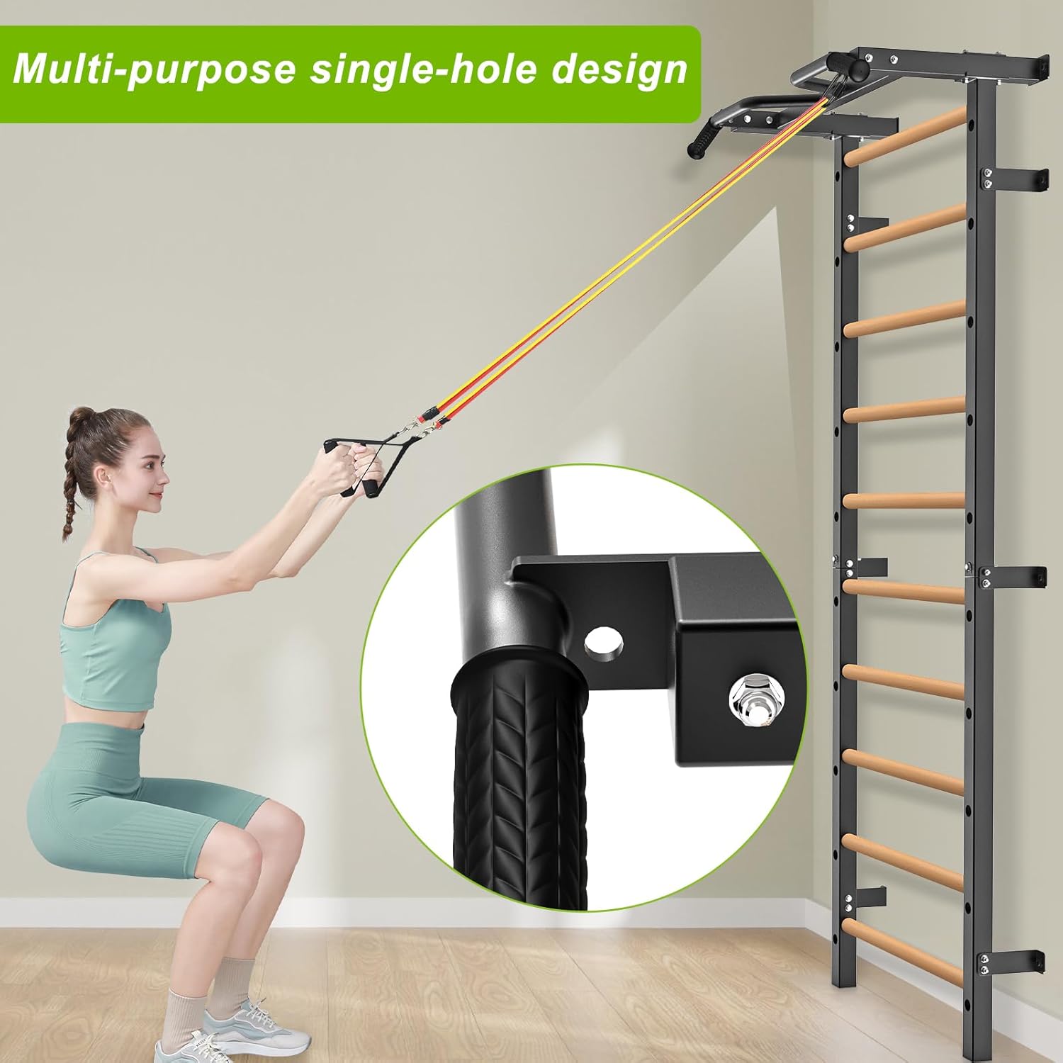 Kipika Gymnastic Stall Bar - 2"x2" Swedish Ladder with 1" Hole, Wall Mounted Pull-up Bar Ladder Suspension Trainer, Solid Wood Grips Gymnastics Training Bar for Home, Wall Gym, School - Image 7