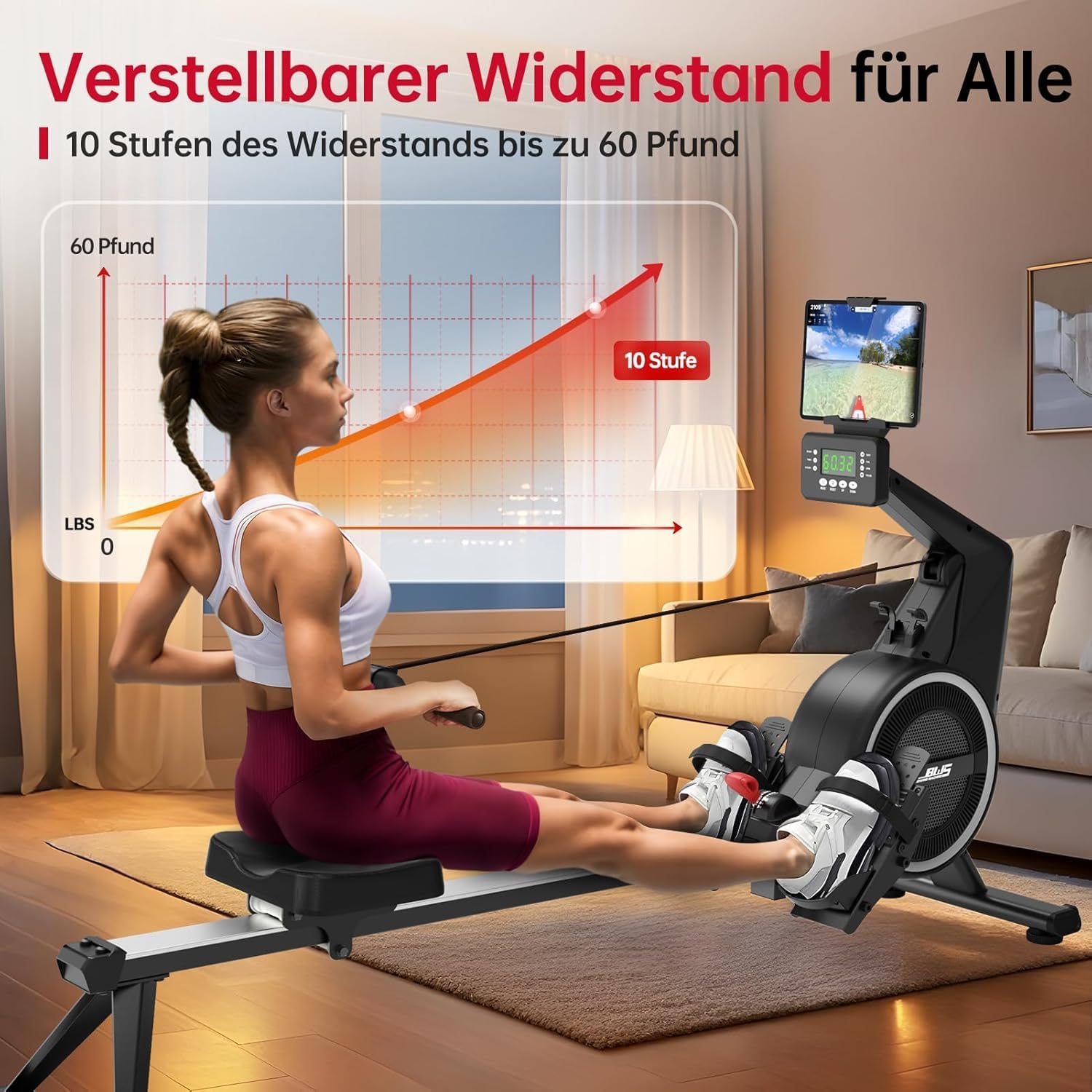 Air Magnetic Rowing Machines for Home BW5 Commercial Rower Machine Max Load 350LB 10-Level Resistance Easy Assembly Bluetooth LED Monitor Adjustable Tablet Stand Fit for Whole Family - Image 7