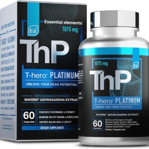 Essential Elements T-Hero Platinum Male Health Supplement for Mens Health – Muscle Growth Support & T-Health with Shoden Ashwagandha, Shilajit, DIM & More – Gym Supplements for Men – 60 Caps