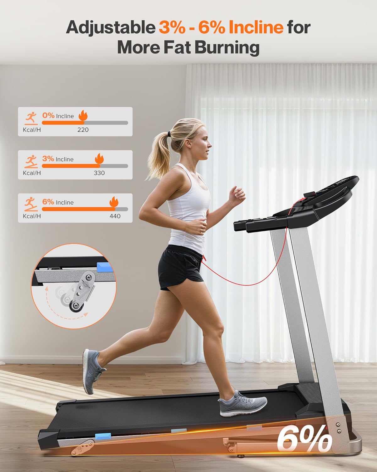 Folding Treadmill with Incline, 3.0 HP Quiet Treadmills for Home, 350 lbs Weight Capacity & 7.6 MPH, Incline Treadmill with Pulse Sensor and Bluetooth Speaker, Wide Belt, App, LED Display - Image 5