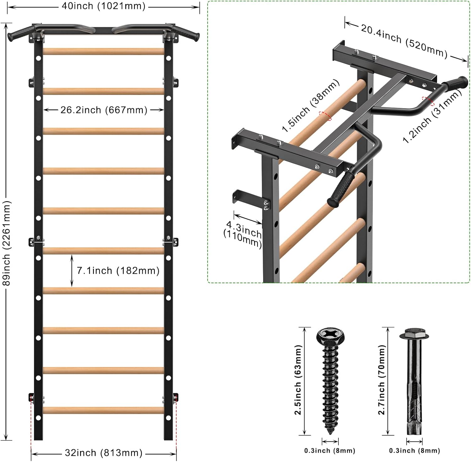 Kipika Gymnastic Stall Bar - 2"x2" Swedish Ladder with 1" Hole, Wall Mounted Pull-up Bar Ladder Suspension Trainer, Solid Wood Grips Gymnastics Training Bar for Home, Wall Gym, School - Image 4