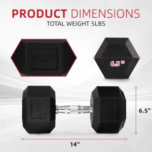 Rubber Encased Hex Weights Dumbbells Set of 5 – 50 lb Pair | Cast Iron Hand Weights with Anti-Slip Grip for Home Gym Strength Training