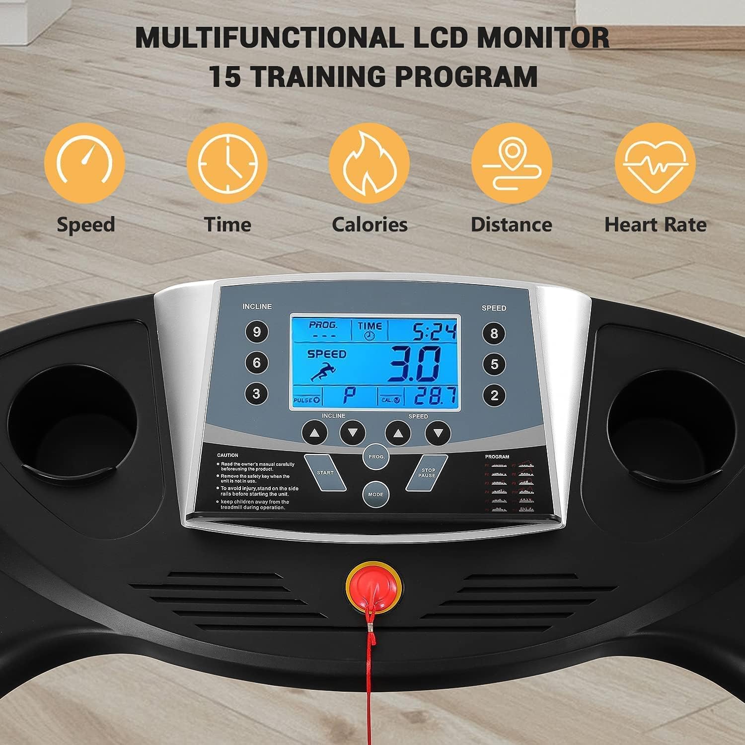 Treadmill with Auto Incline Foldable Treadmill 17'' Electric Treadmills 2.5 HP/8.5 MPH with 15 Training Programs 0-12% Auto Incline Large LCD Display Easy Assembly for Home Office Gym Use - Image 4