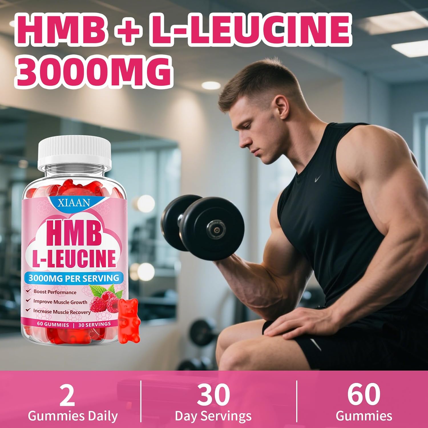 HMB and Leucine Gummies for Men & Women, 3000mg Leucine HMB Amino Acids Supplement for Muscle Growth, Muscle Relief and Workout Recovery, Sugar-Free, Raspberry Flavor, 60 Count - Image 7
